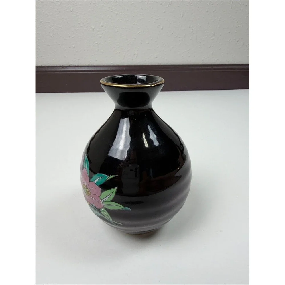 Vintage Black Floral Bud Vase Japan Hand Painted Pink Flowers Gold Trim Ceramic